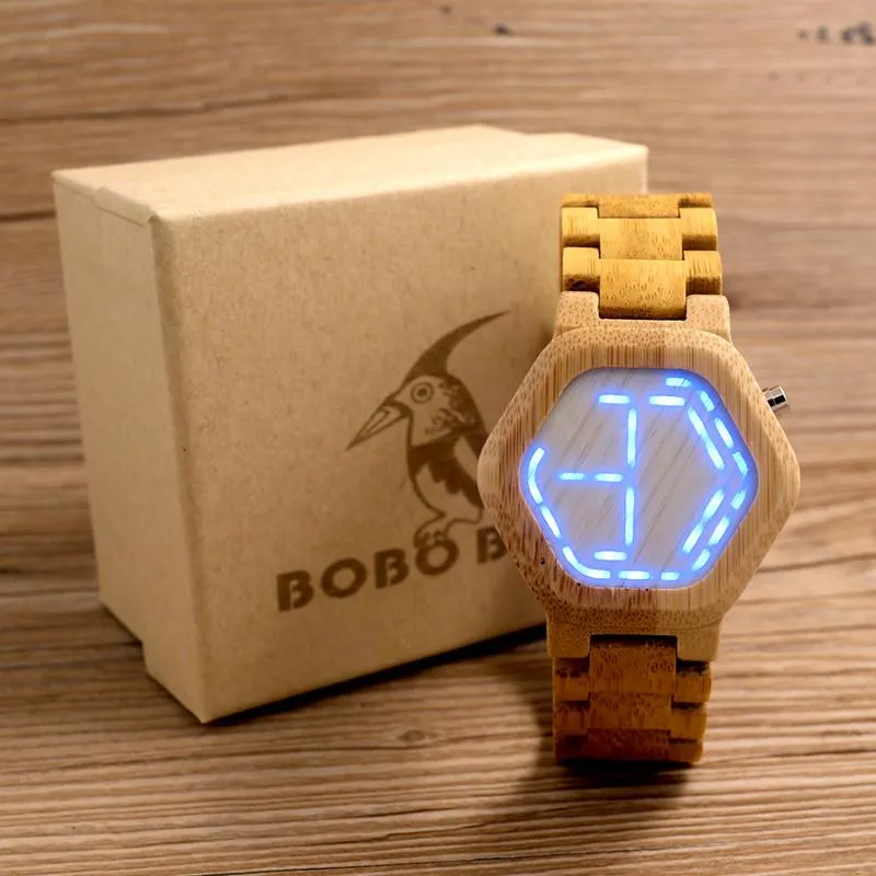 LED Display Natural Bamboo Wooden Wristwatch