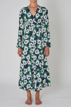 Lily Datura Navy Green Floral Midi Wrap LS Dress