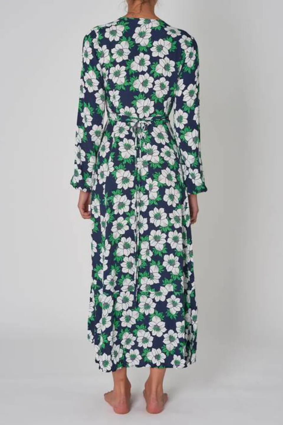 Lily Datura Navy Green Floral Midi Wrap LS Dress