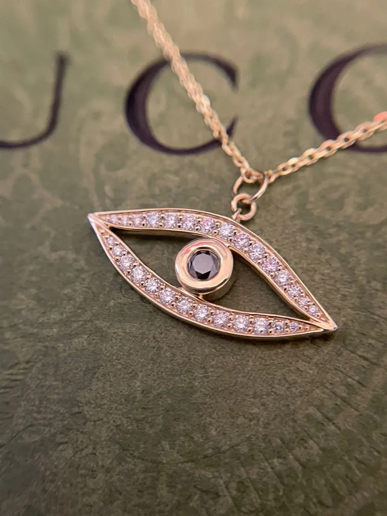 Limited Edition Evil Eye with round black diamond and round diamonds in 14k yellow gold