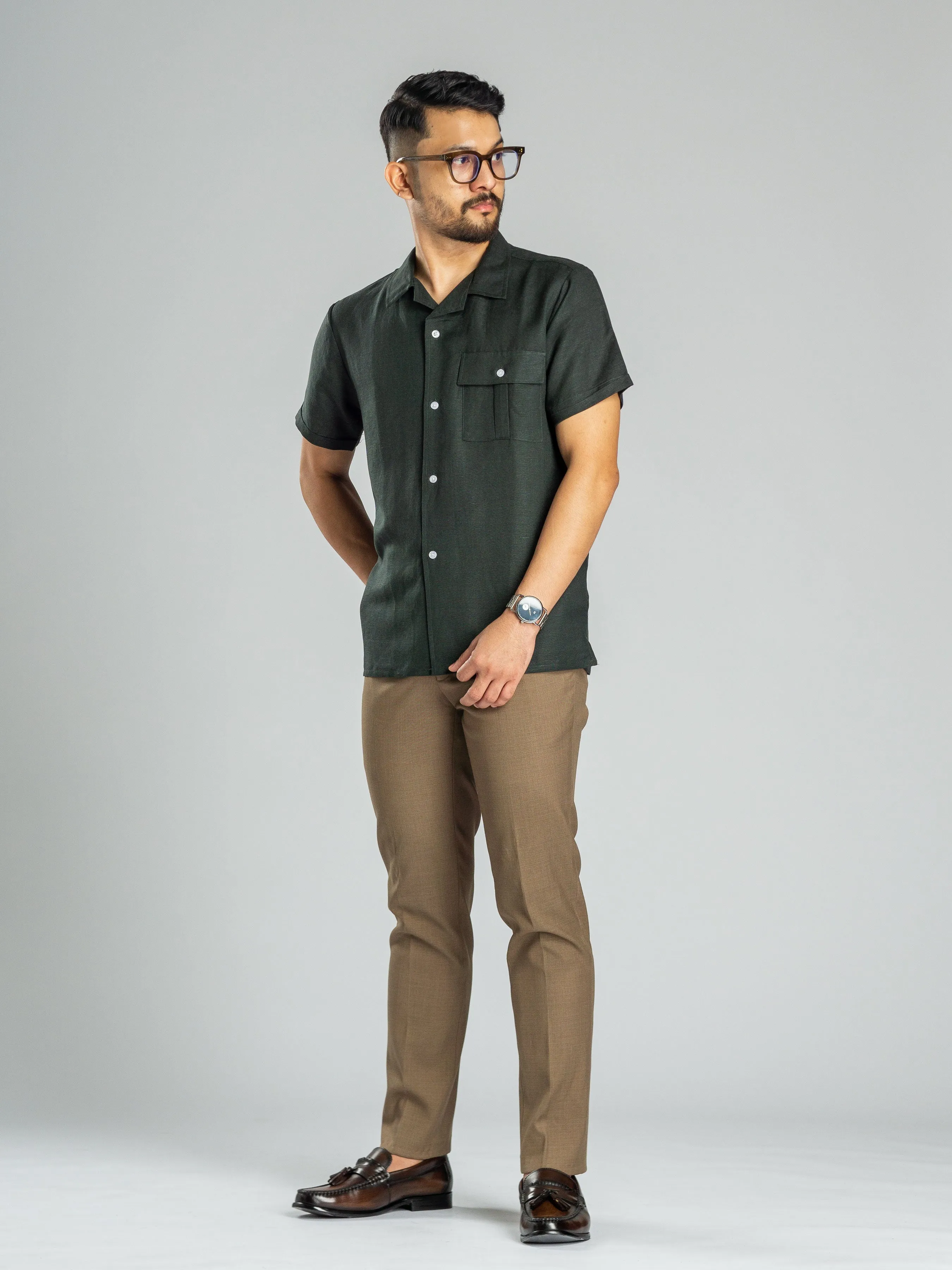 Linen Cuban Collar Shirt - Dark Green