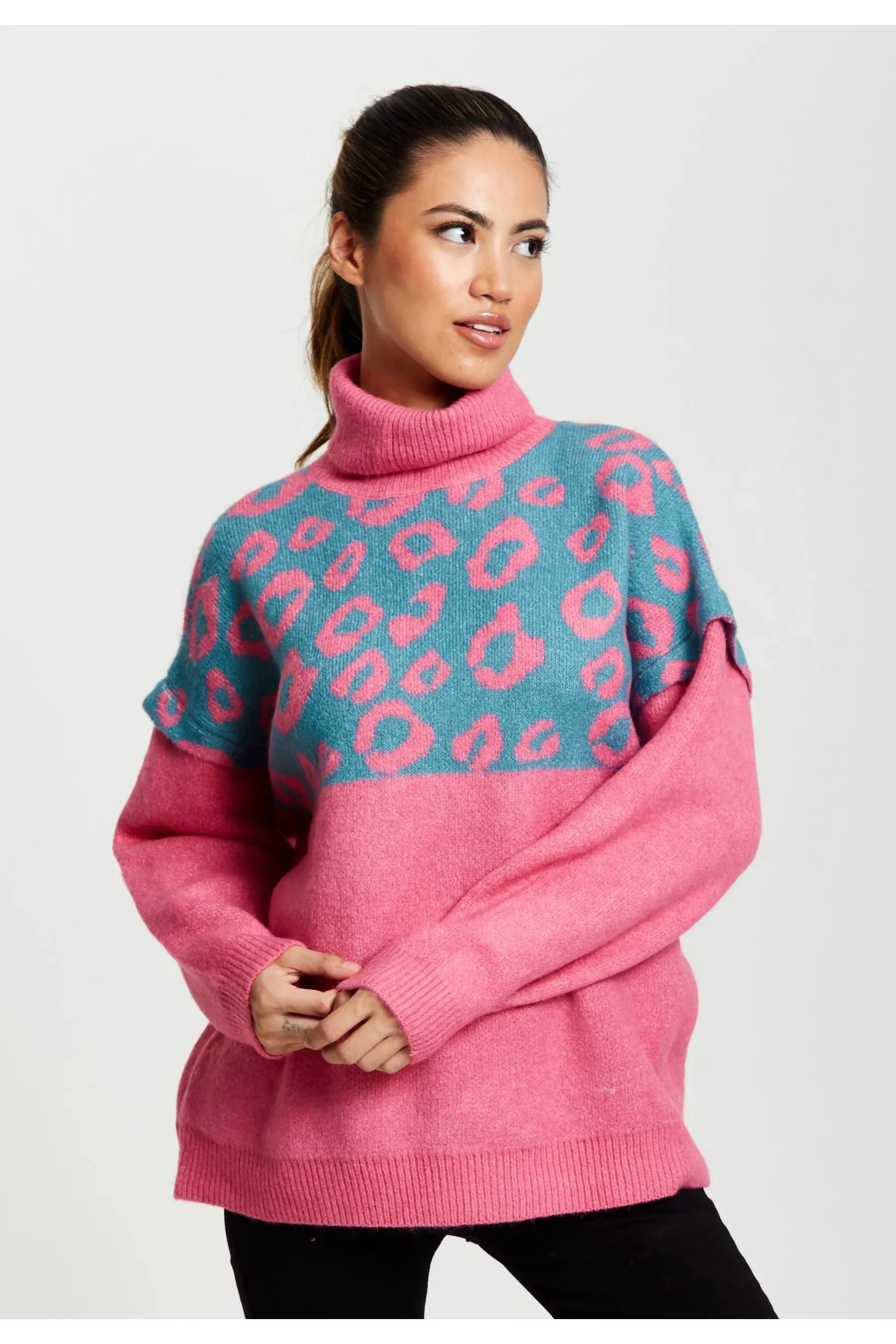 Liquorish Animal Pattern Roll Neck Jumper In Pink Turquoise