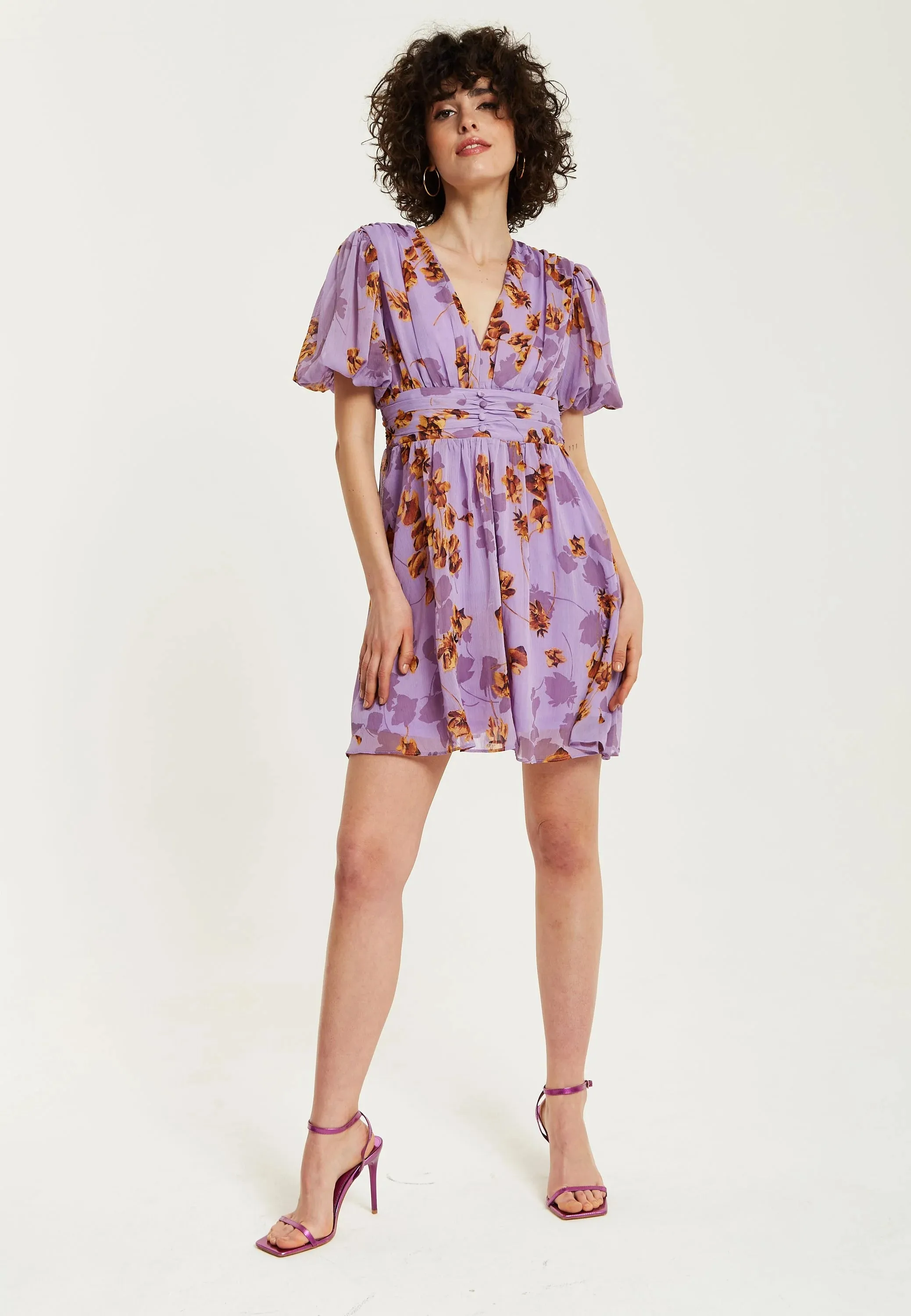 Liquorish Purple Floral V Neck Mini Dress