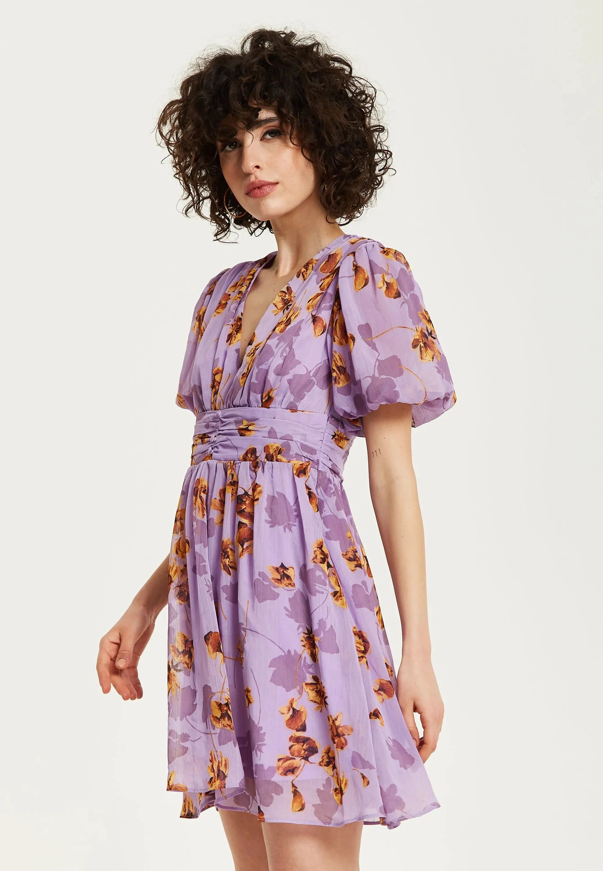 Liquorish Purple Floral V Neck Mini Dress