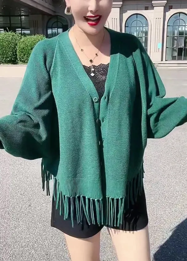 Loose Green Tasseled Button Knit Cardigans Batwing Sleeve AS1023