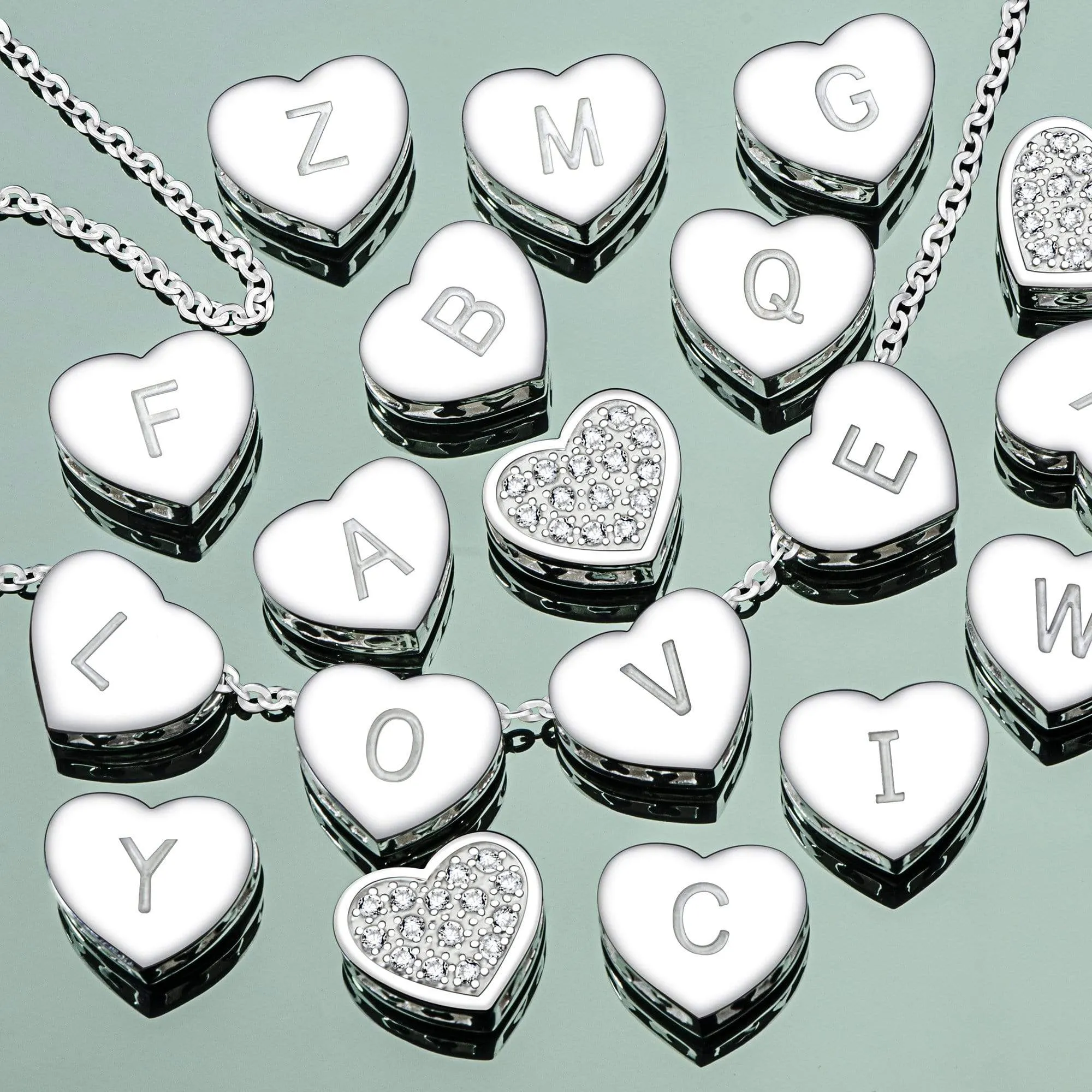 Love Heart Initial Necklace Silver, 16-18