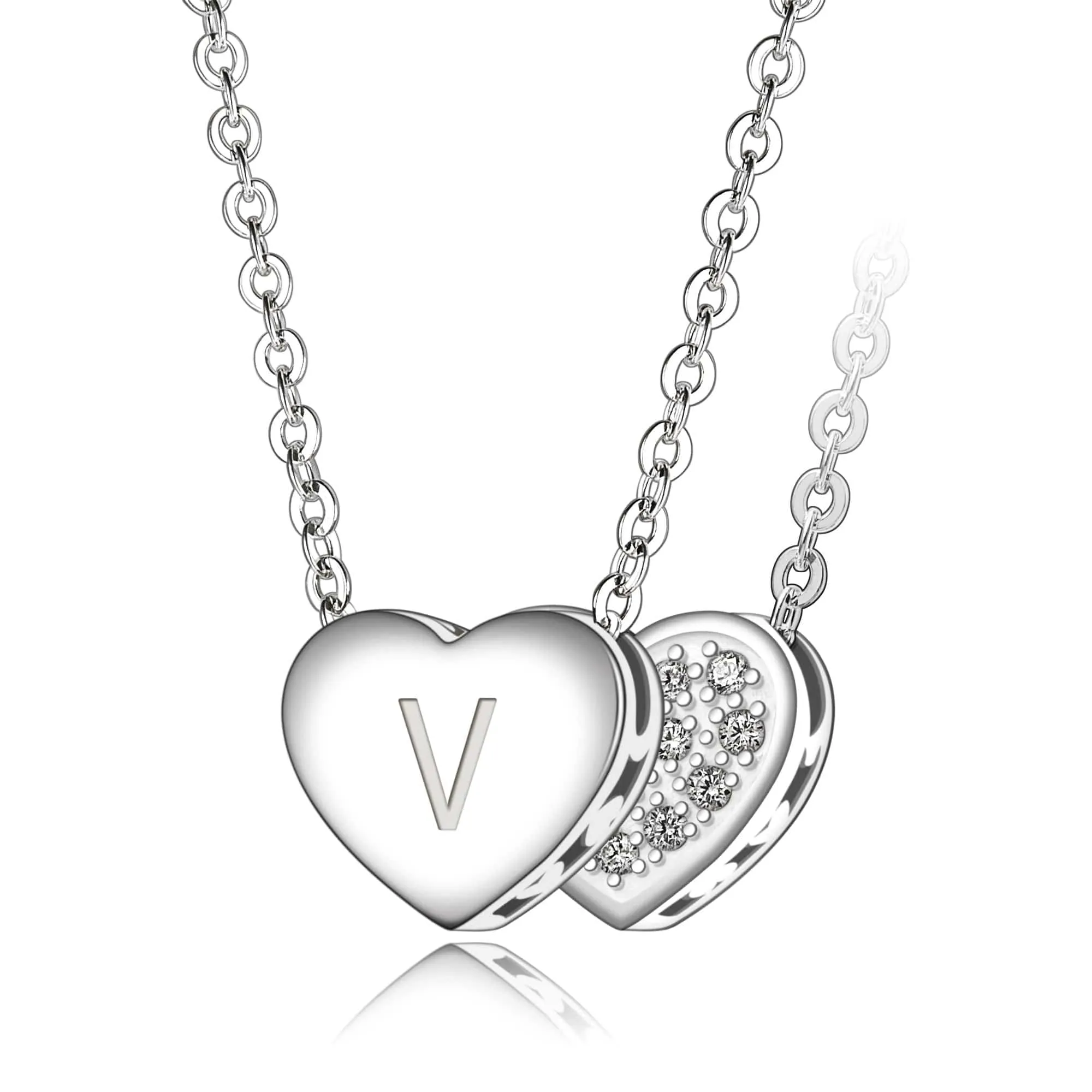 Love Heart Initial Necklace Silver, 16-18