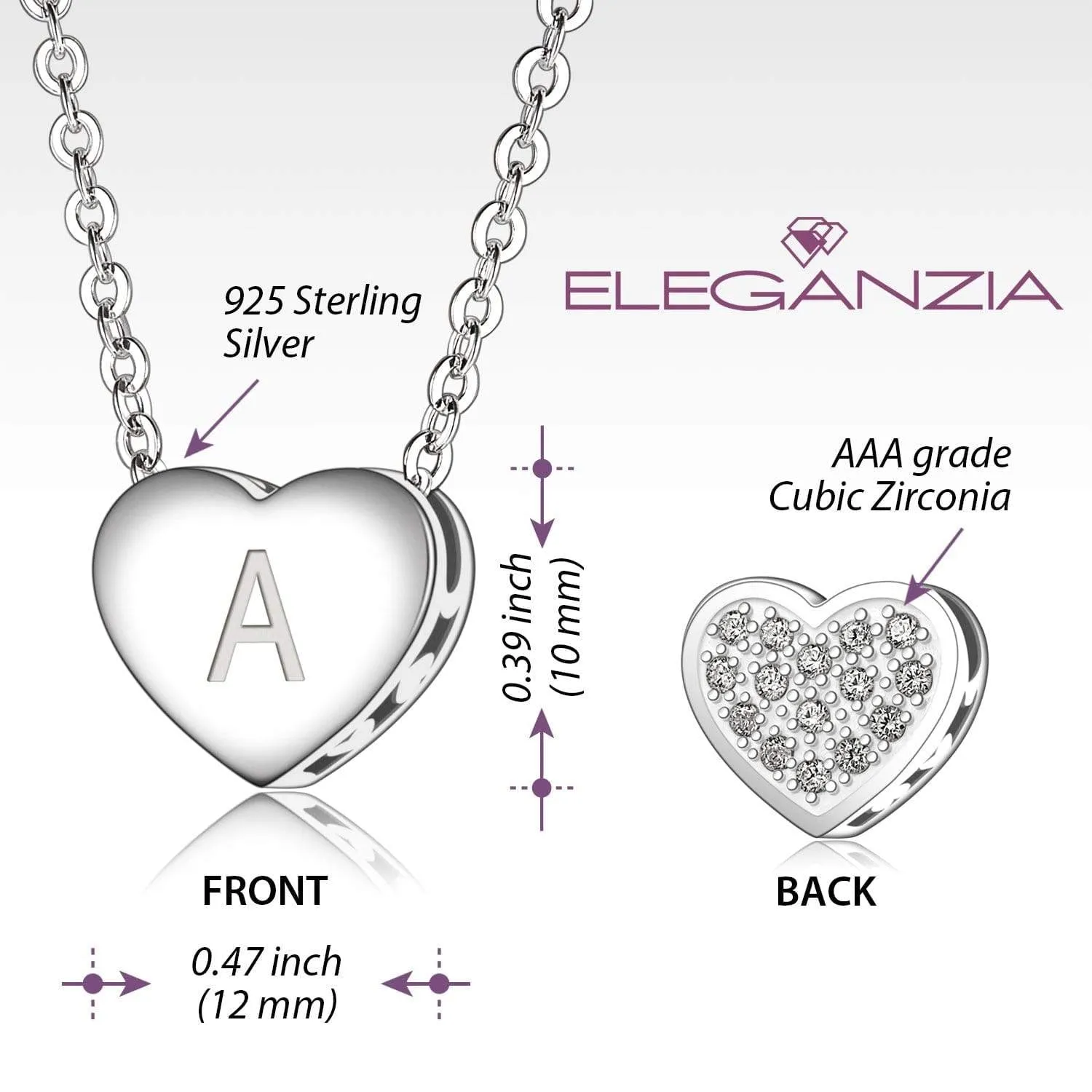 Love Heart Initial Necklace Silver, 16-18