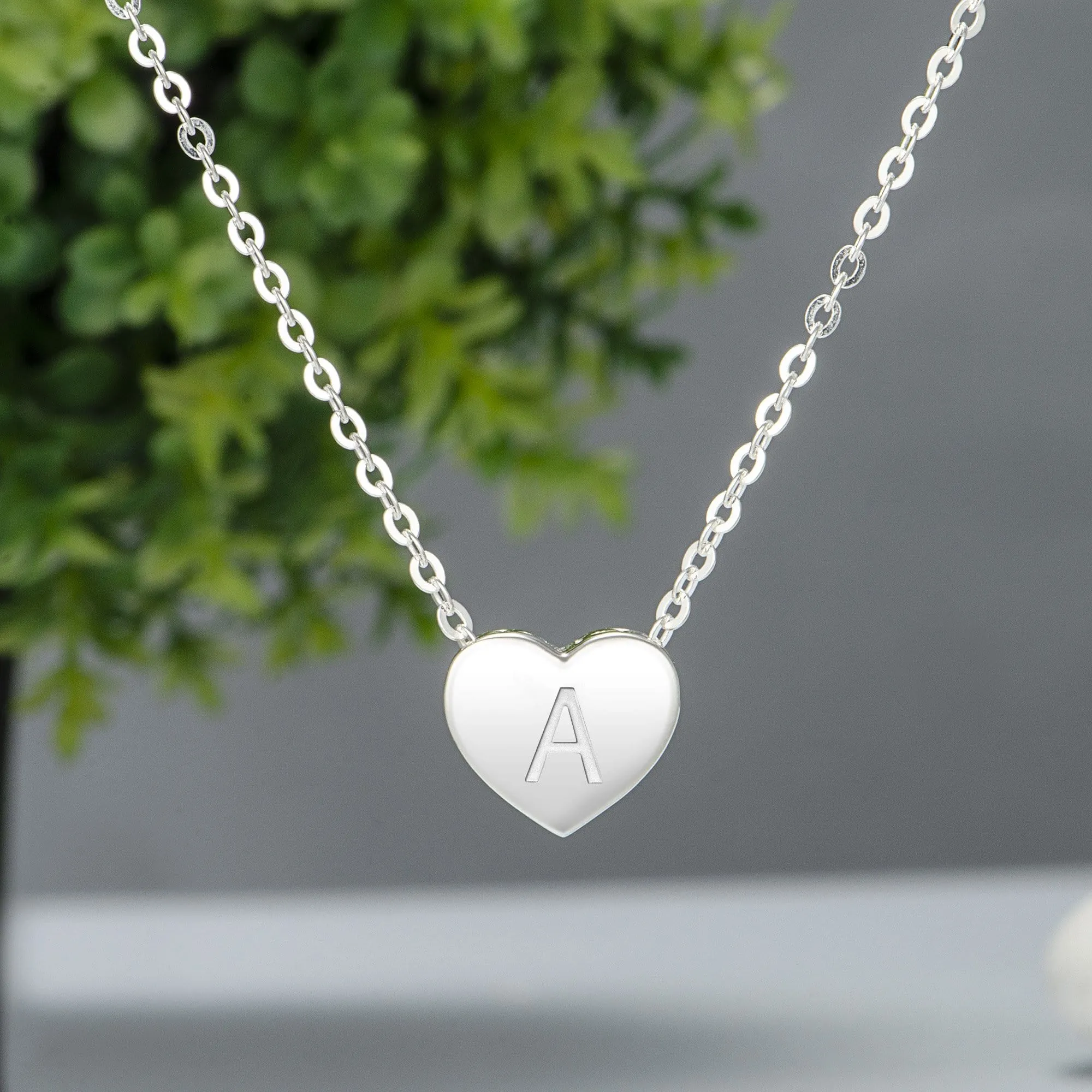 Love Heart Initial Necklace Silver, 16-18