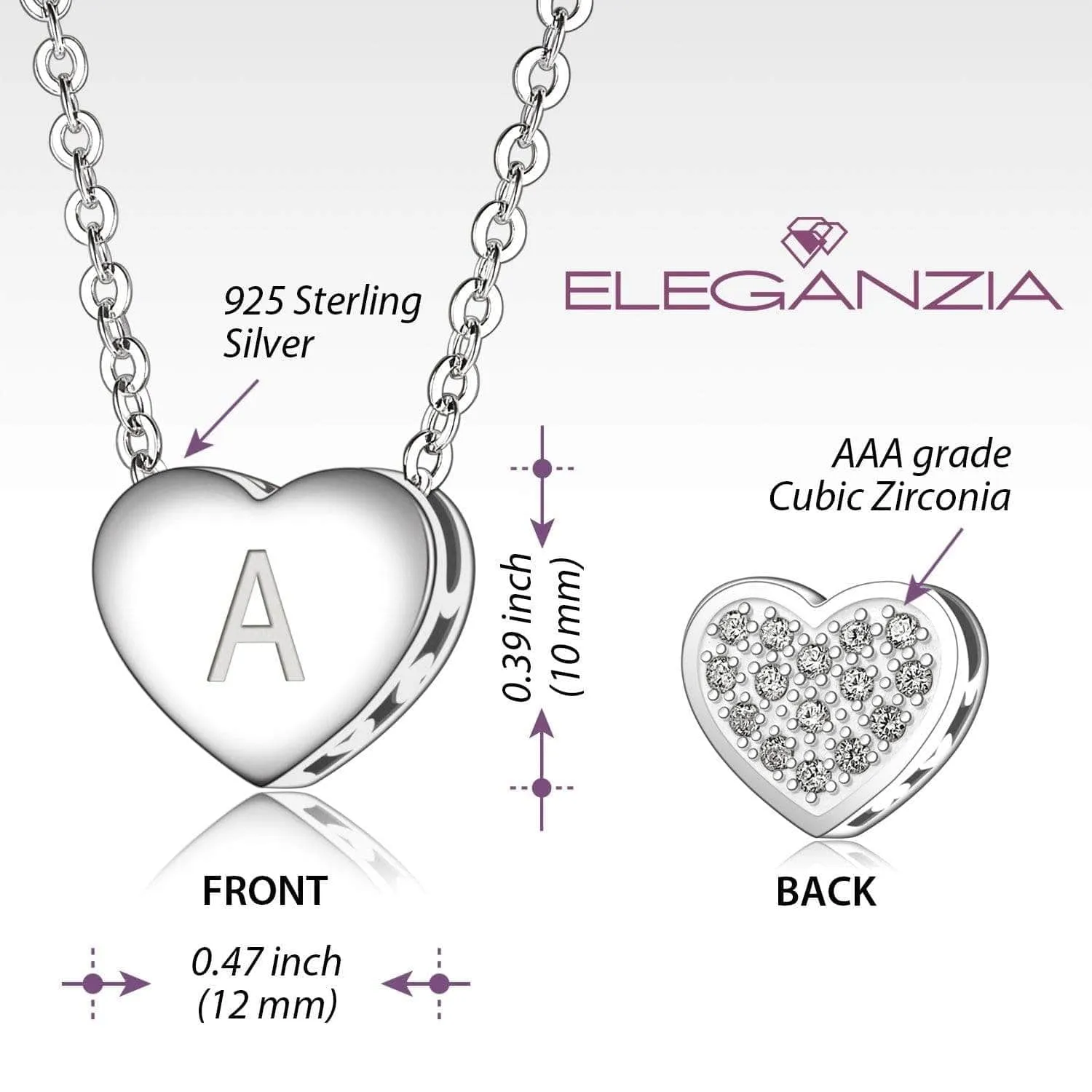 Love Heart Initial Necklace Silver, 18-20