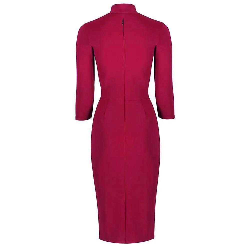 Magenta 3/4 Sleeve Tie Neck Bodycon Pencil Dress