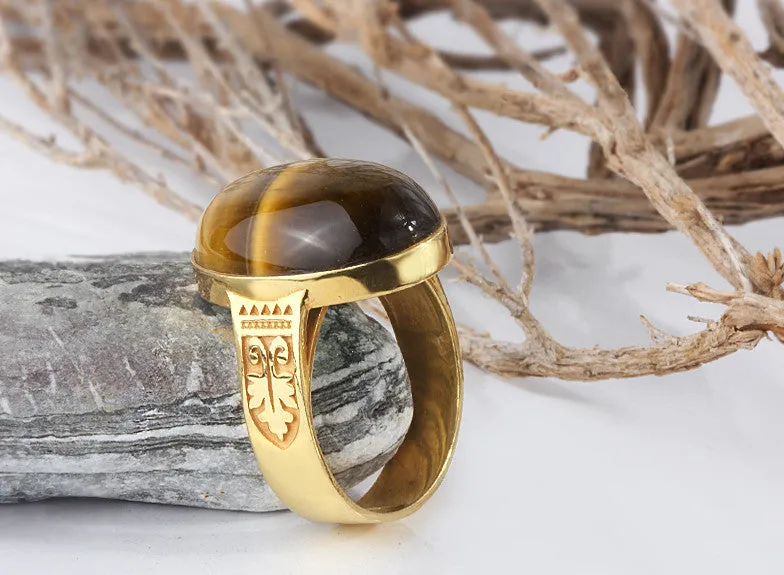 Men's Ring in 10k Yellow Gold with Brown Tiger's Eye Natural Stone