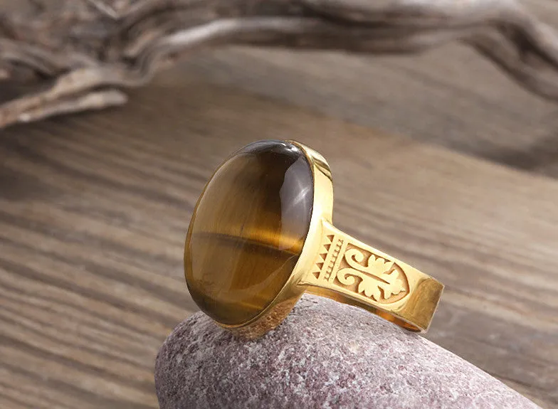 Men's Ring in 10k Yellow Gold with Brown Tiger's Eye Natural Stone