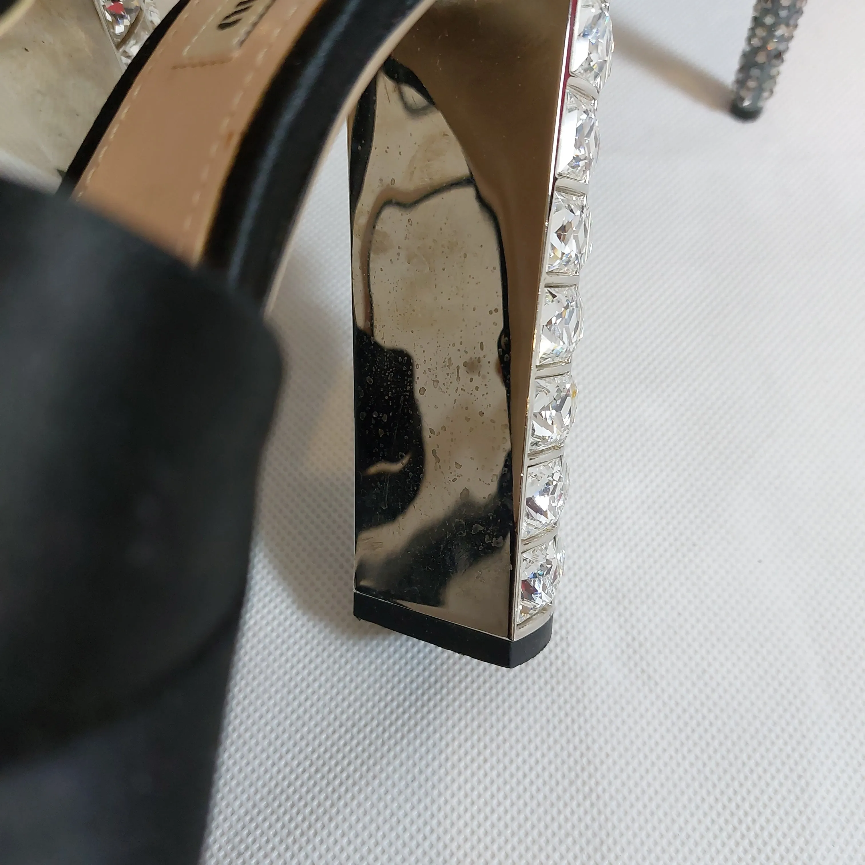 Miu Miu Black Satin T-Strap Crystal Embellished Block Heels | Pre Loved |