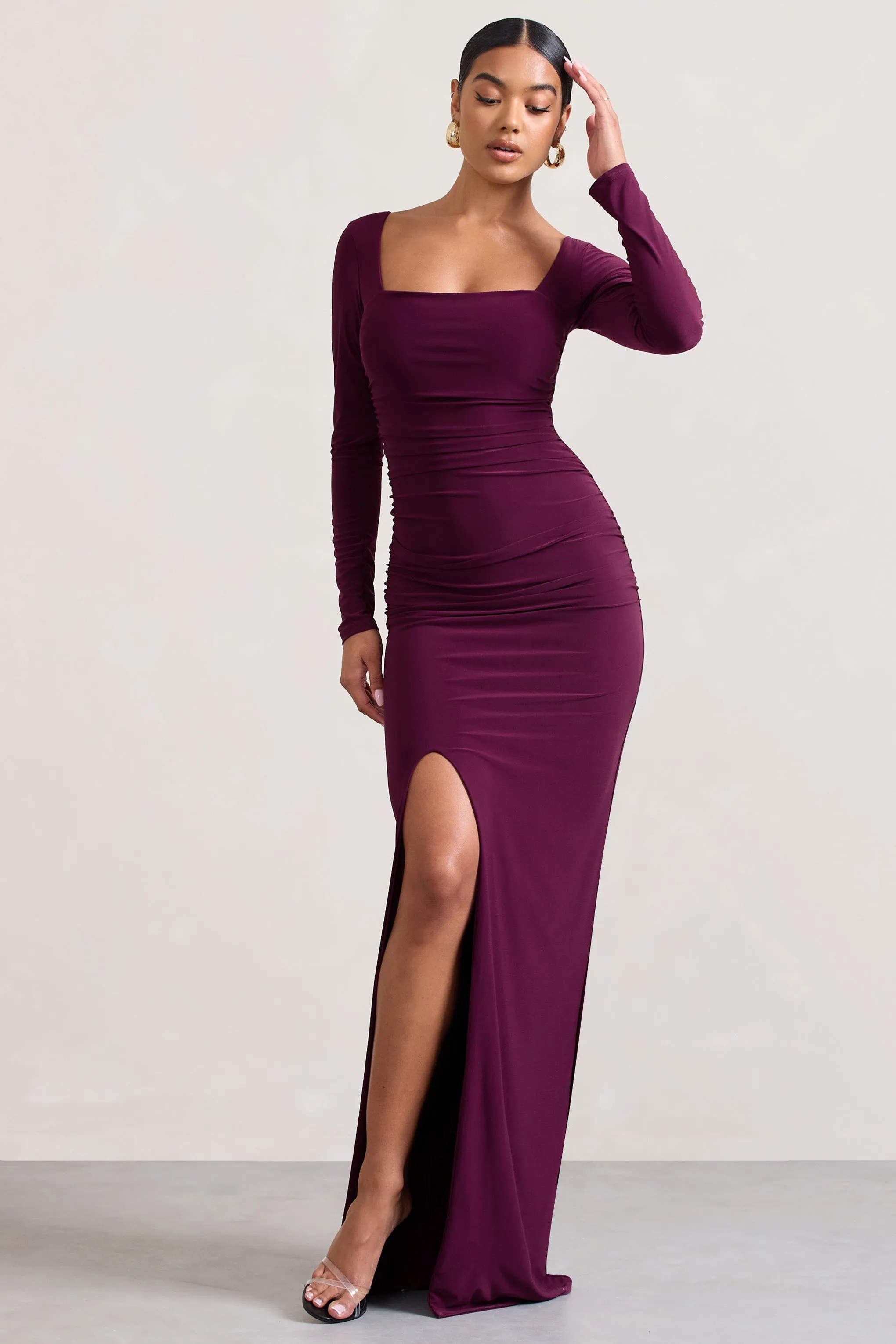 My Pleasure | Burgundy Square Neck Ruched Maxi Dress