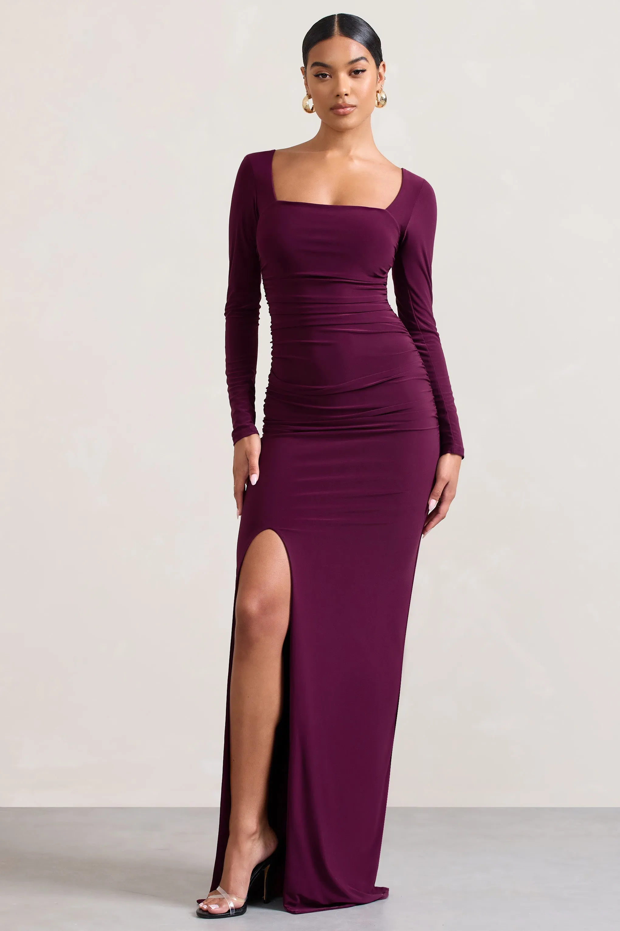 My Pleasure | Burgundy Square Neck Ruched Maxi Dress