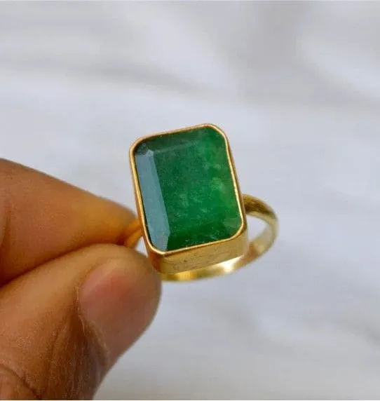 Natural Emerald Gemstone 925 Sterling Silver Yellow Gold Ring, Green Emerald Gemstone, May Birthstone, Gift for Her