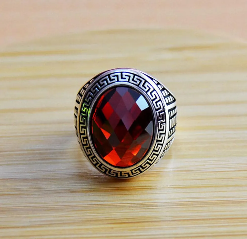 Natural Garnet, Gemstone Signet, ottoman Mens Ring, Silver Jewelry