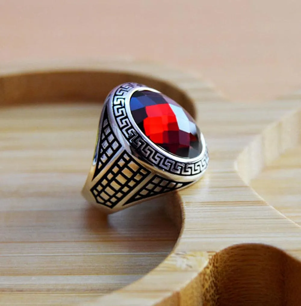 Natural Garnet, Gemstone Signet, ottoman Mens Ring, Silver Jewelry