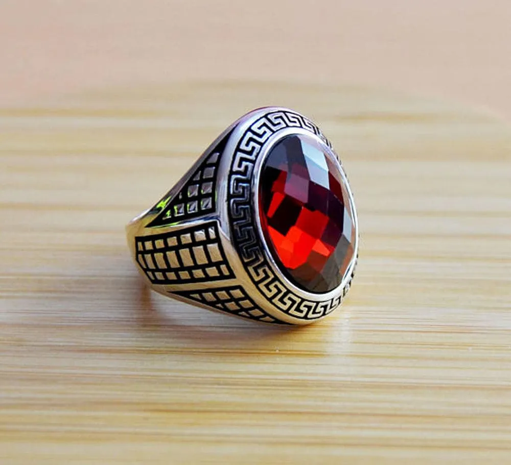 Natural Garnet, Gemstone Signet, ottoman Mens Ring, Silver Jewelry