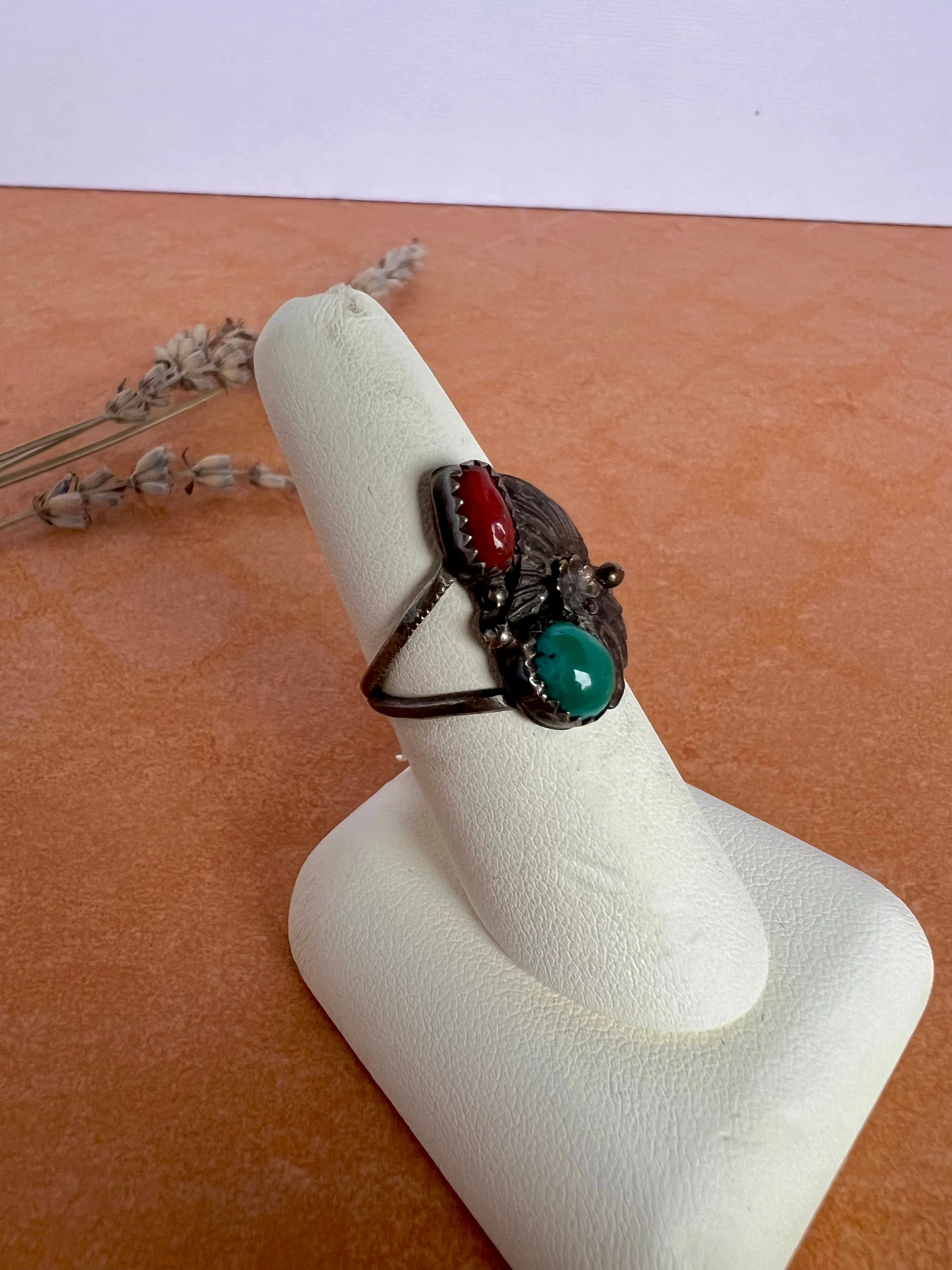 Navajo Turquoise & Coral Ring | Size 7