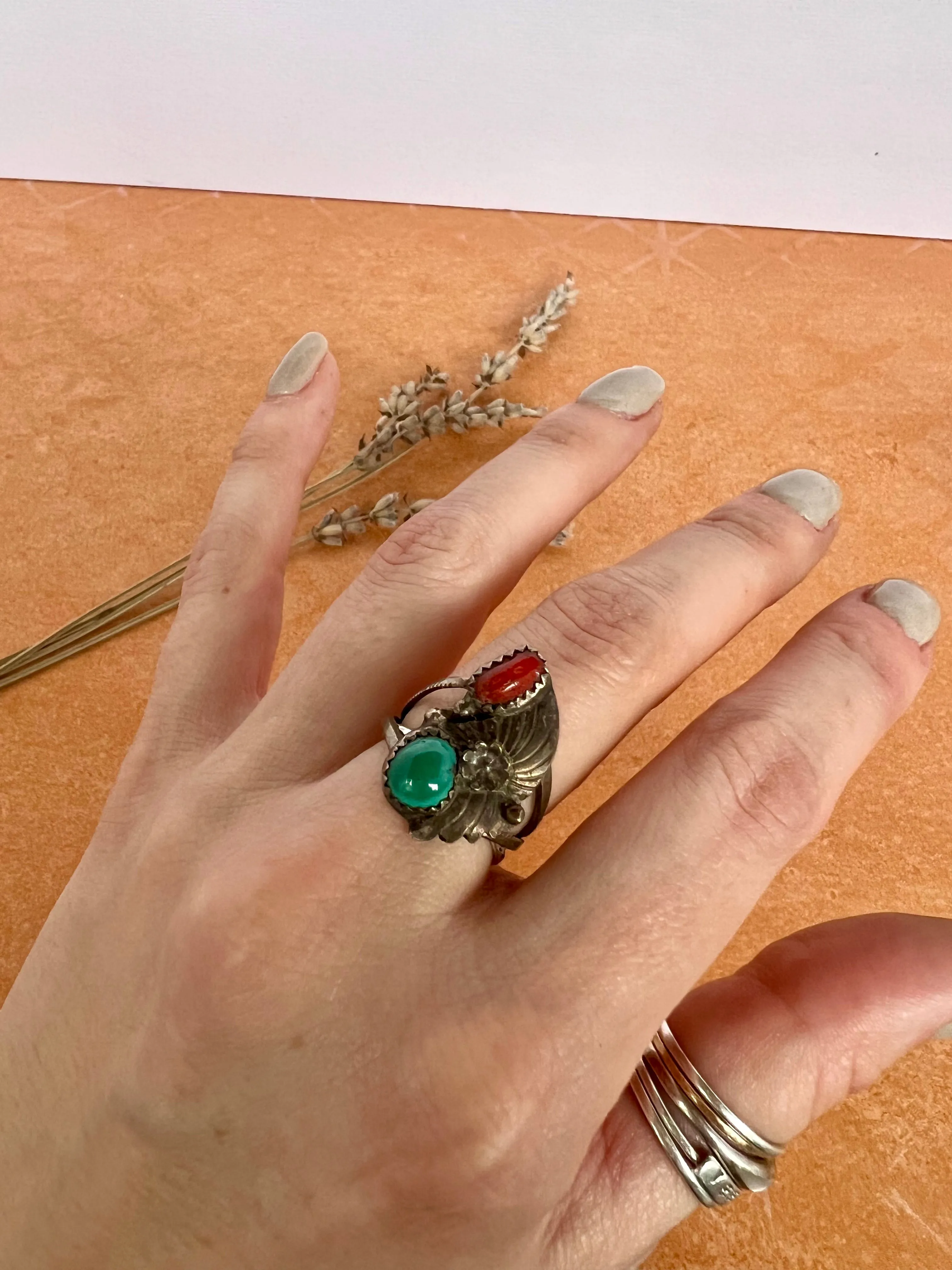 Navajo Turquoise & Coral Ring | Size 7