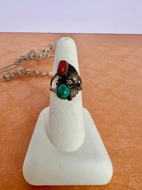 Navajo Turquoise & Coral Ring | Size 7