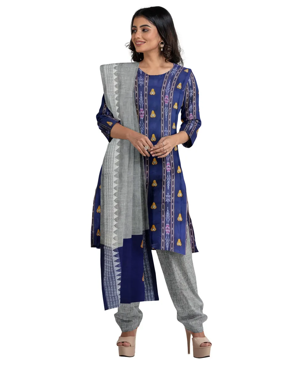 Navy blue grey handwoven cotton nuapatna dress material