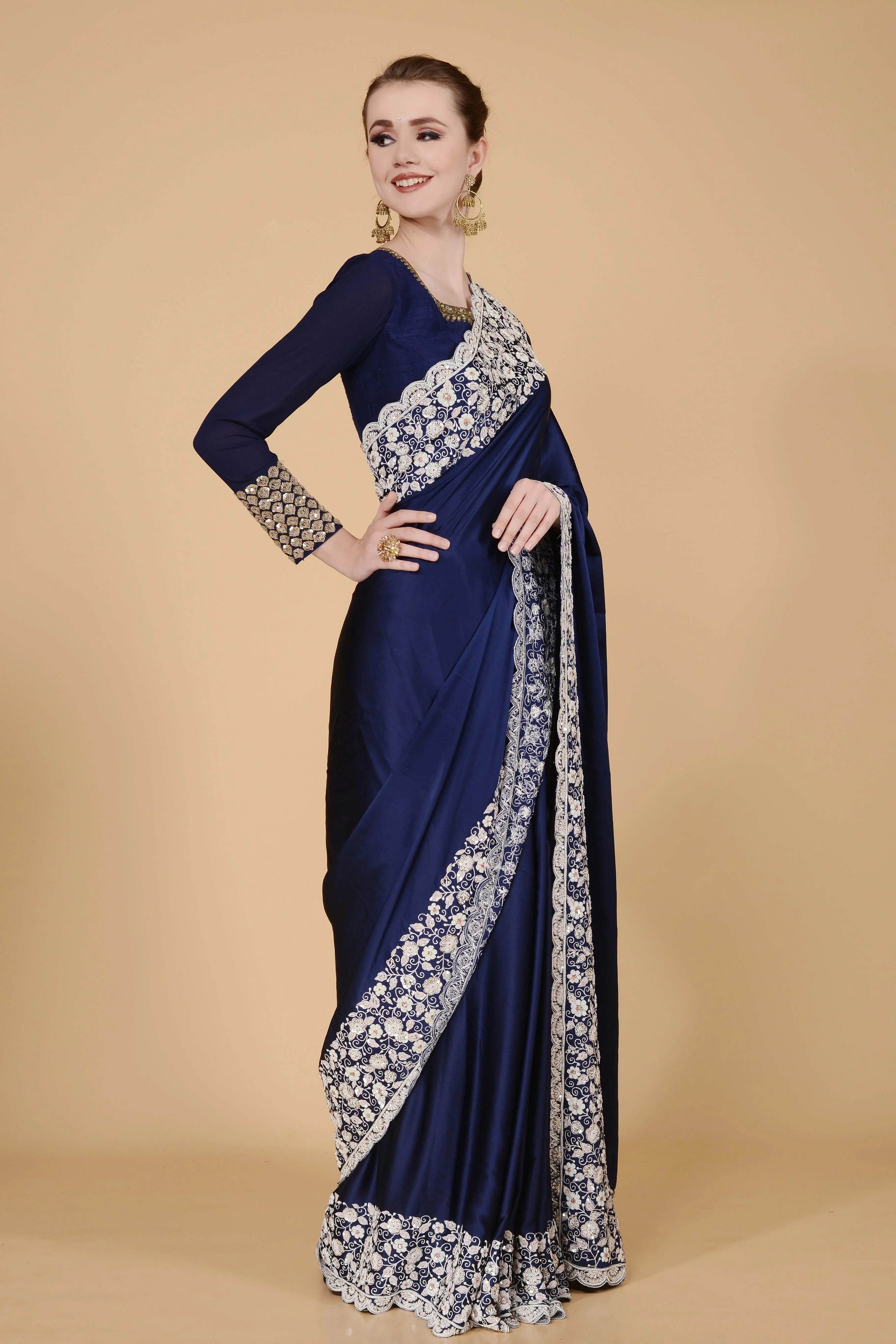 Navy Blue with White Border Saree