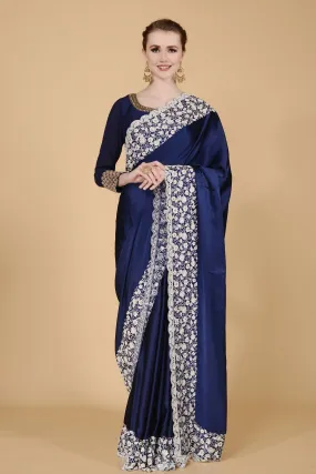 Navy Blue with White Border Saree