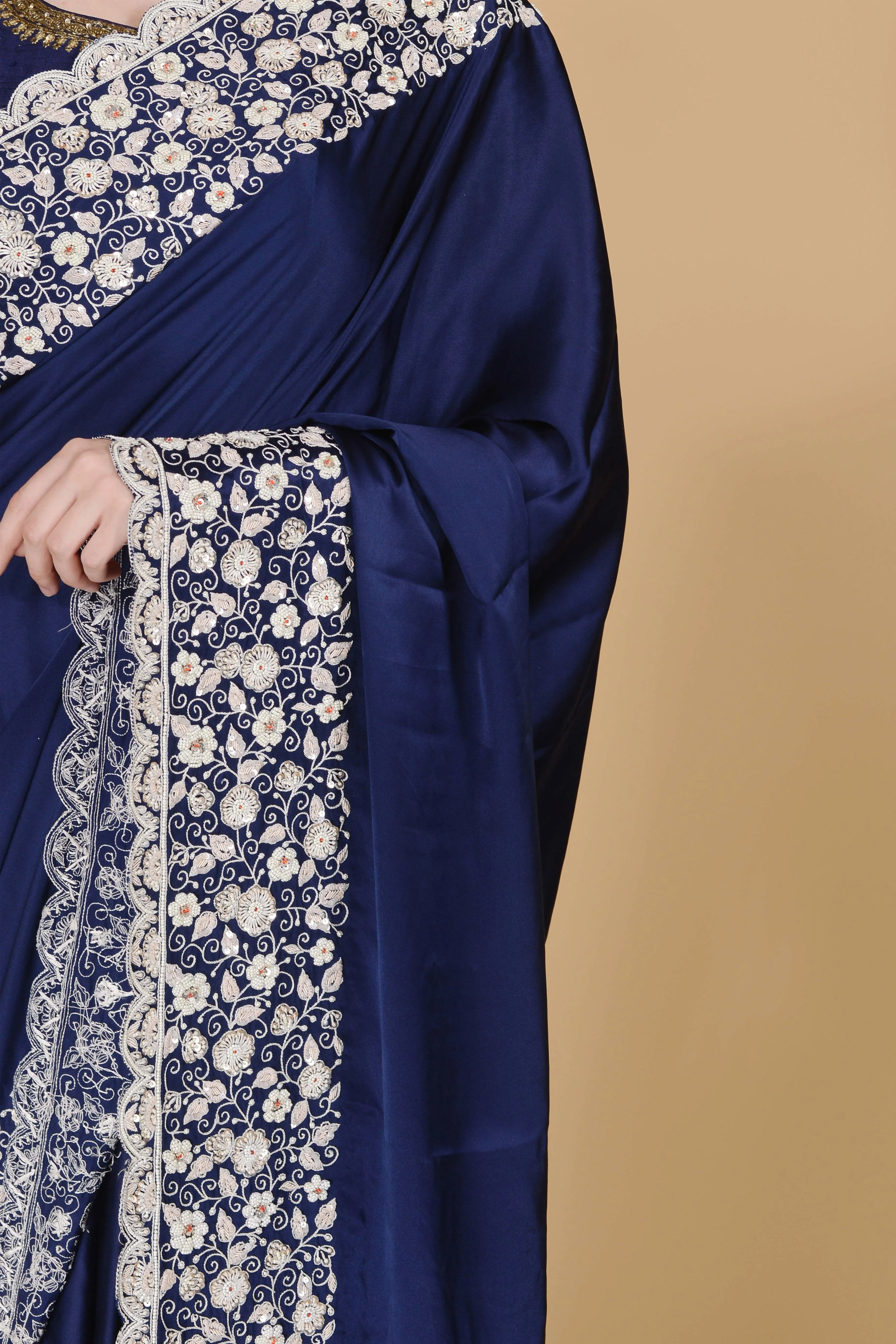 Navy Blue with White Border Saree