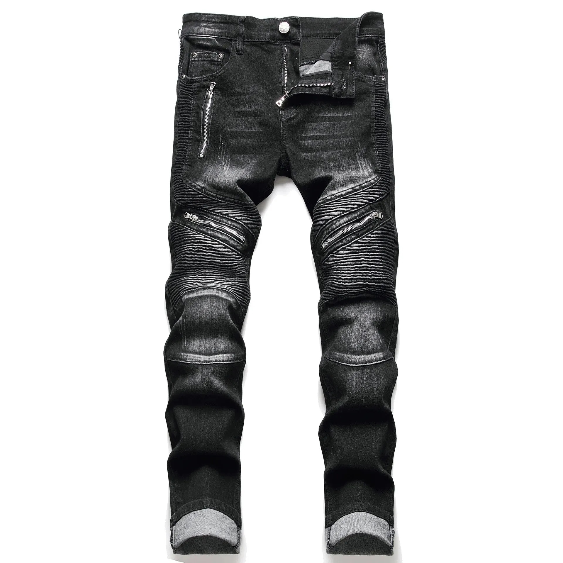 New Biker Jeans Men's Distressed Stretch Ripped  Hip Hop Slim Fit Holes Punk Denim Cotton Pants