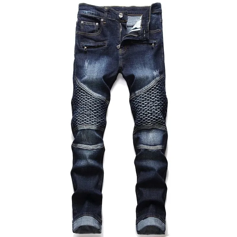 New Biker Jeans Men's Distressed Stretch Ripped  Hip Hop Slim Fit Holes Punk Denim Cotton Pants