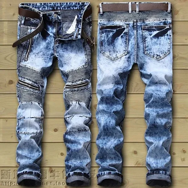 New Biker Jeans Men's Distressed Stretch Ripped  Hip Hop Slim Fit Holes Punk Denim Cotton Pants