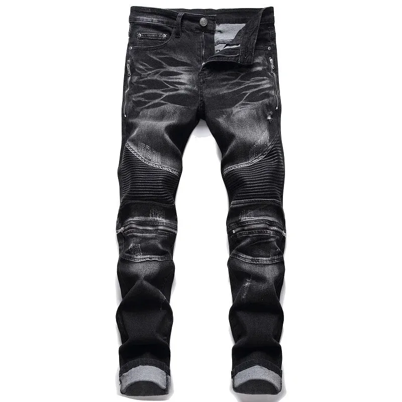 New Biker Jeans Men's Distressed Stretch Ripped  Hip Hop Slim Fit Holes Punk Denim Cotton Pants