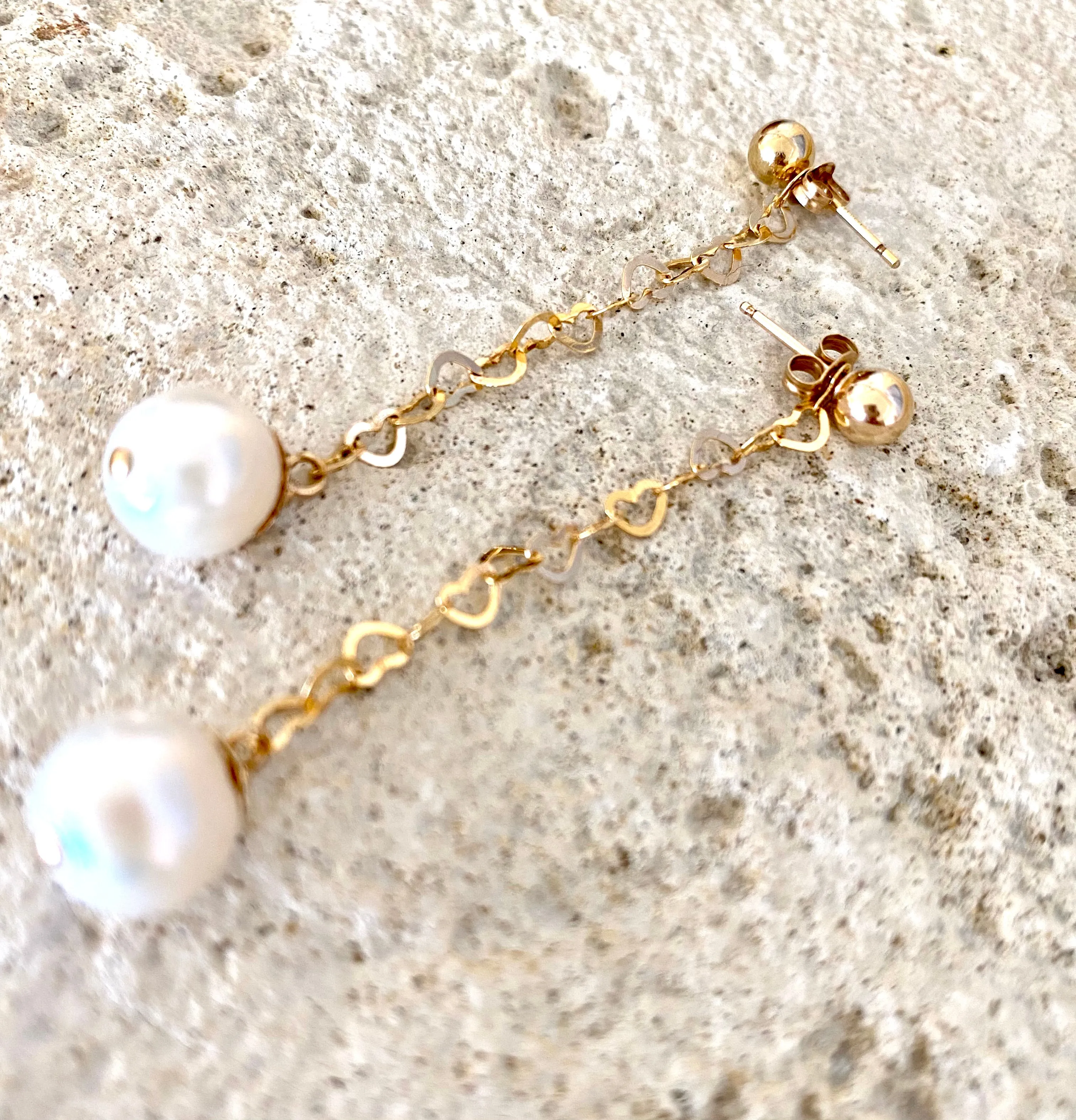 Pearls on Heart Chain Drop Earrings, Gold Filled