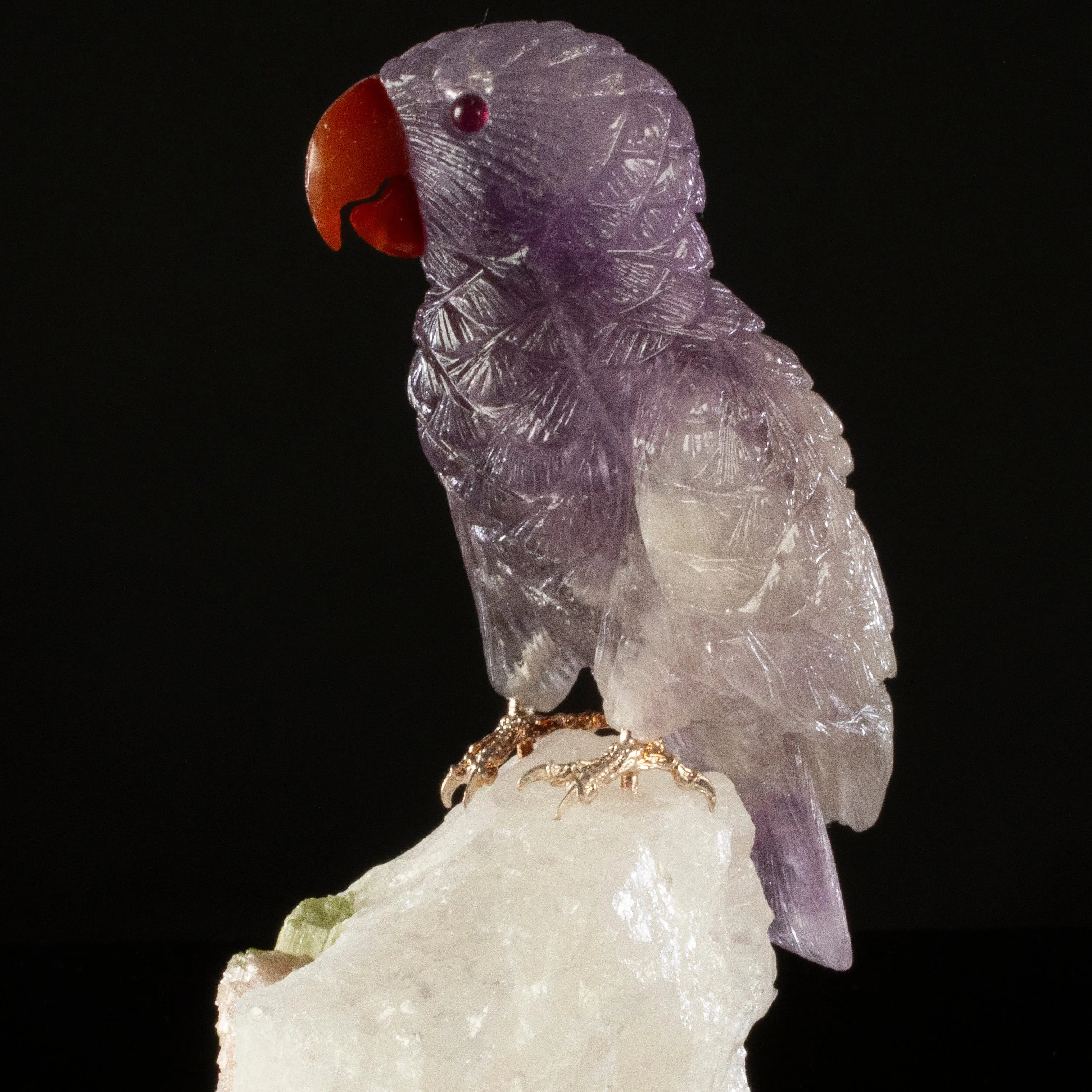 Peter Muller Amethyst Parrot Love Bird Carving on Watermelon Tourmaline Base