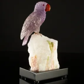 Peter Muller Amethyst Parrot Love Bird Carving on Watermelon Tourmaline Base