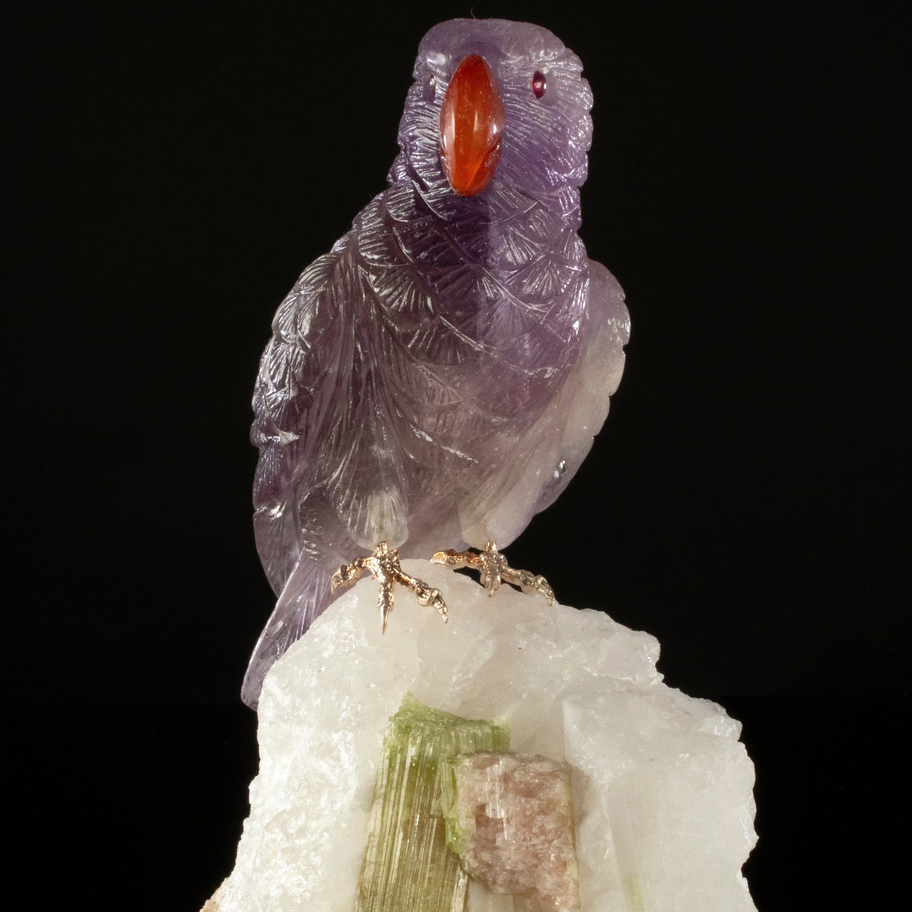 Peter Muller Amethyst Parrot Love Bird Carving on Watermelon Tourmaline Base