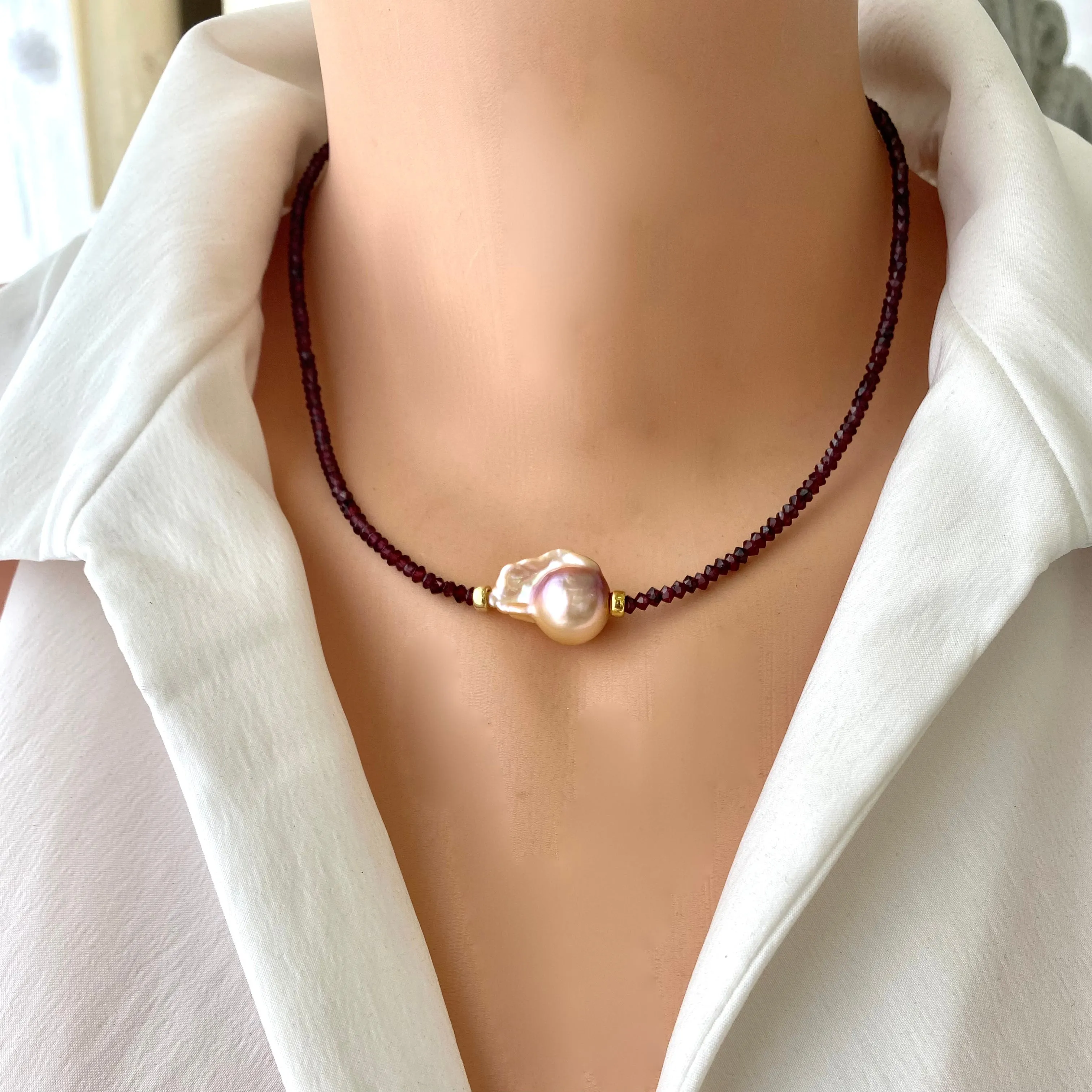 Red Garnet & Golden Pink Baroque Pearl Necklace, Gold Vermeil, January Birthstone, 17inches