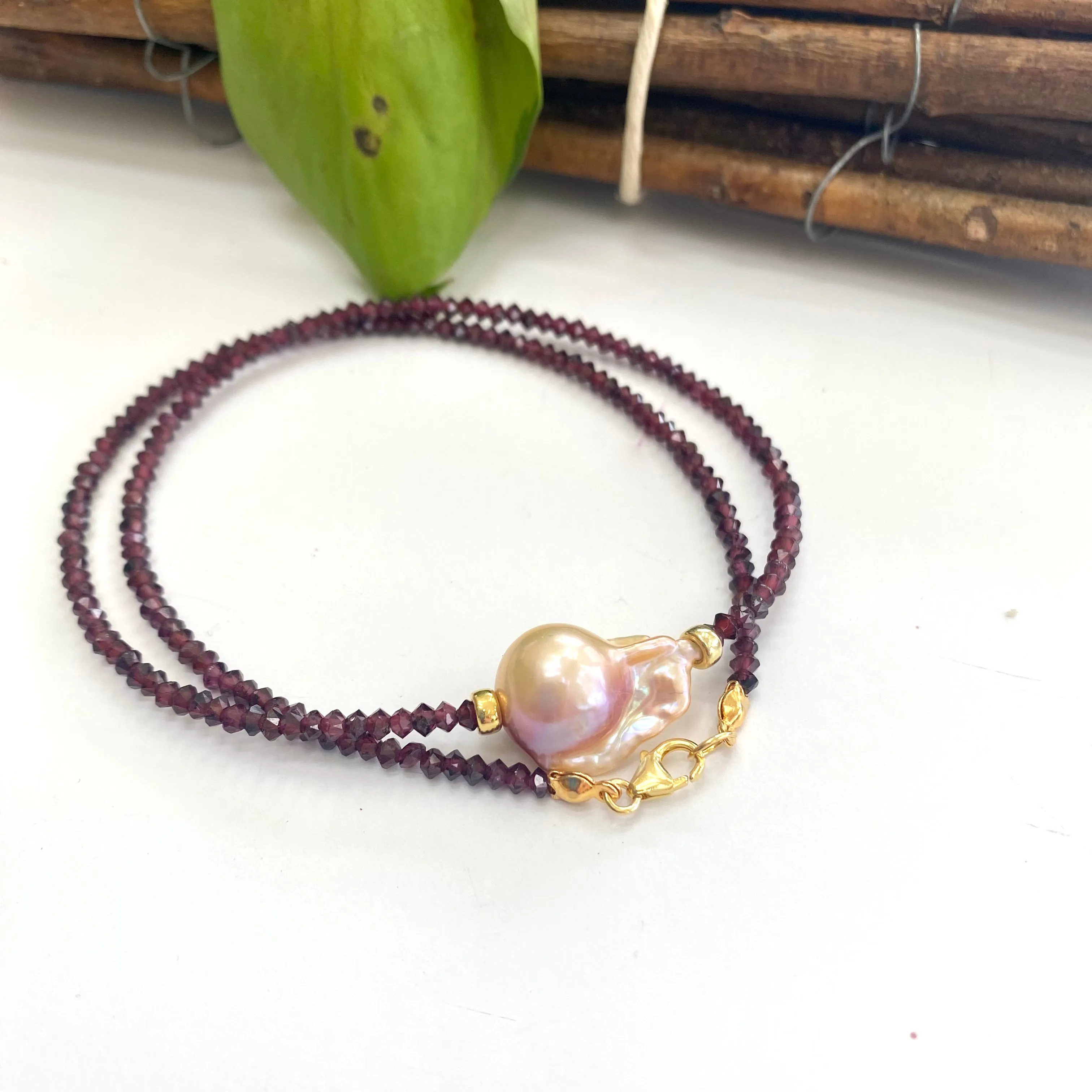 Red Garnet & Golden Pink Baroque Pearl Necklace, Gold Vermeil, January Birthstone, 17inches