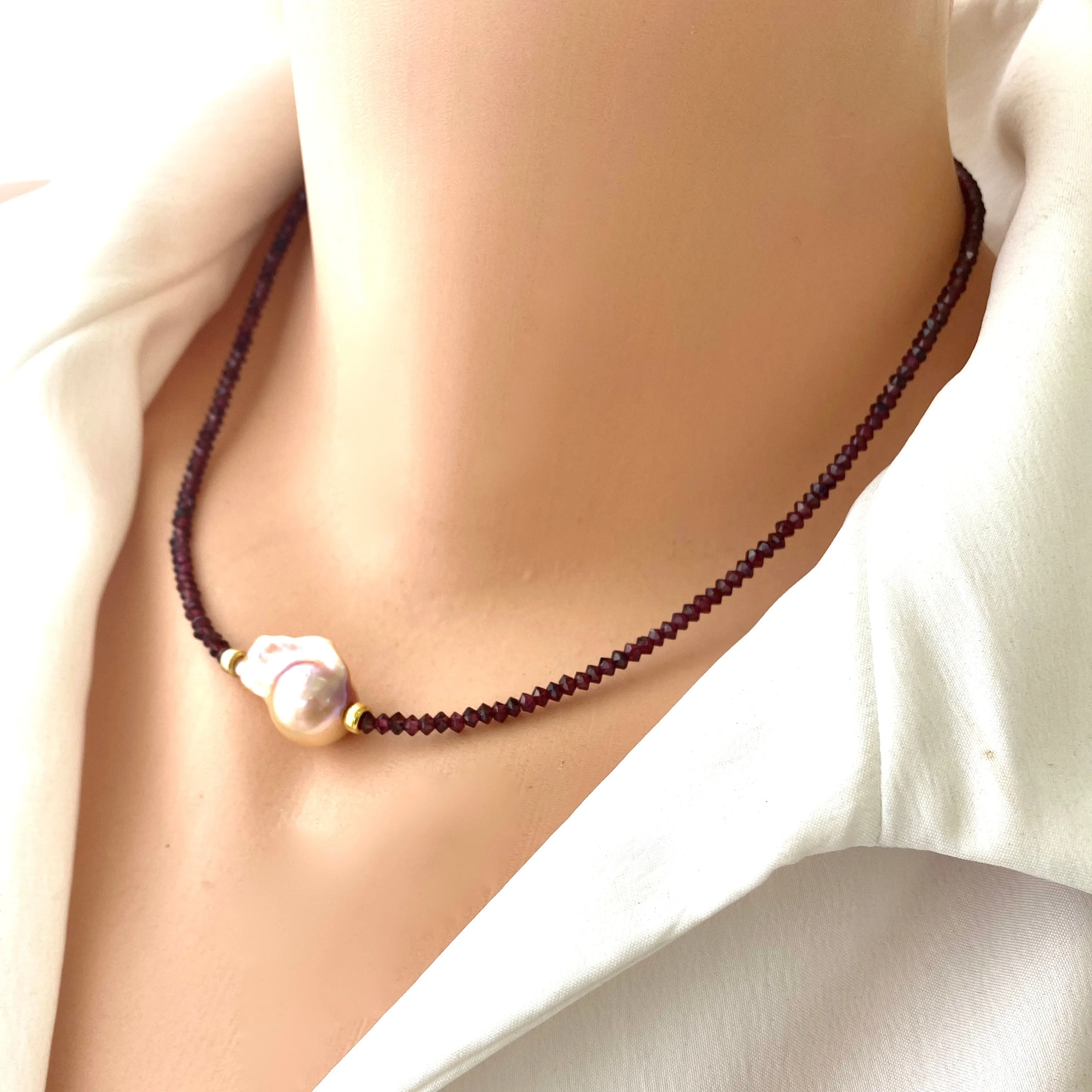 Red Garnet & Golden Pink Baroque Pearl Necklace, Gold Vermeil, January Birthstone, 17inches