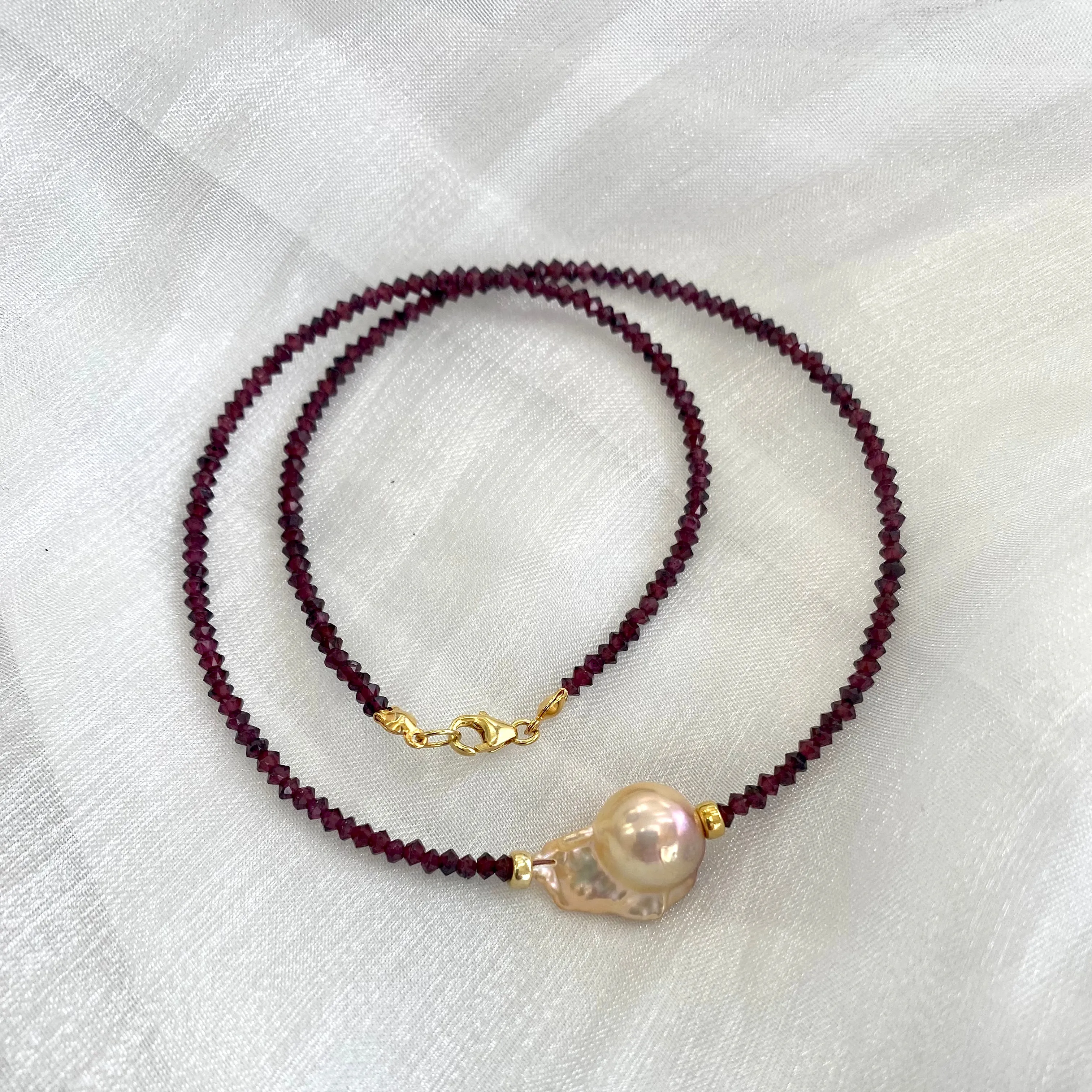 Red Garnet & Golden Pink Baroque Pearl Necklace, Gold Vermeil, January Birthstone, 17inches