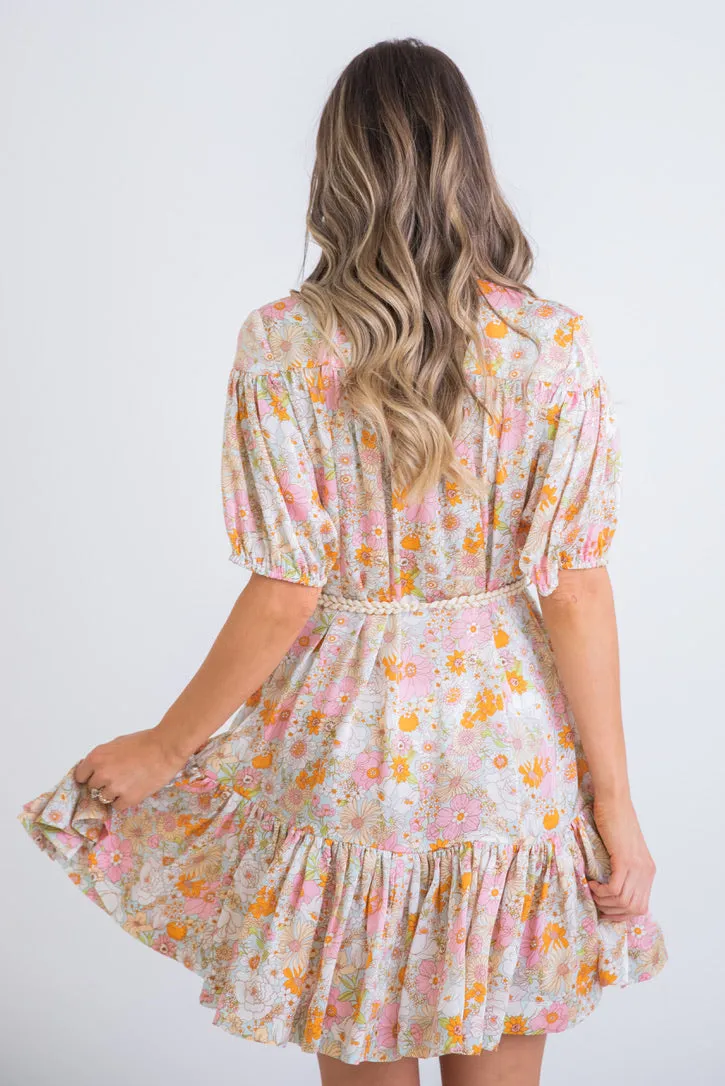 Retro Floral Rope Tie Dress