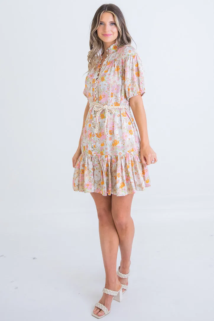 Retro Floral Rope Tie Dress