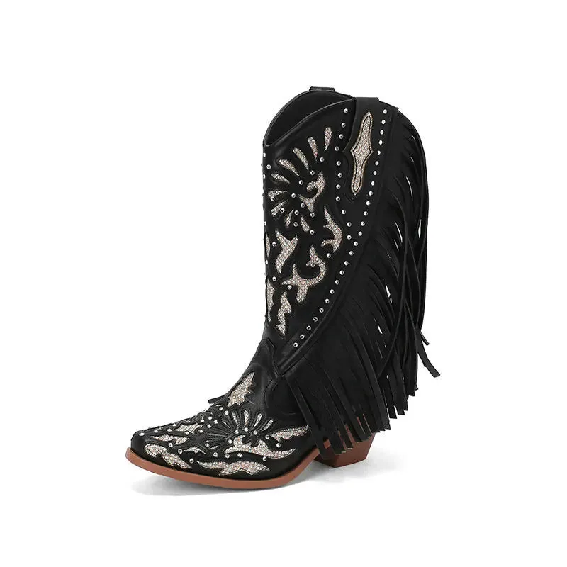 Rhinestone Cowboy Boots White Tassels Brand Woman Cowgirls Western Shoes Slip-On Square Heels women Female Fringe Cowboy Botines