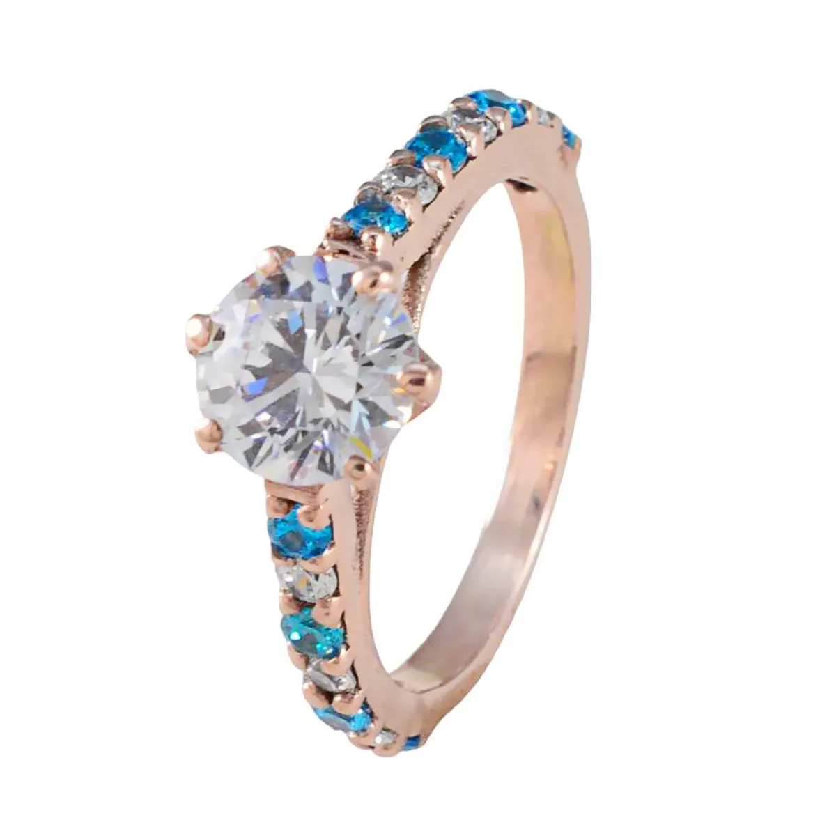 Riyo Best Silver Ring With Rose Gold Plating Blue Topaz CZ Stone Round Shape Prong Setting Antique Jewelry Cocktail Ring