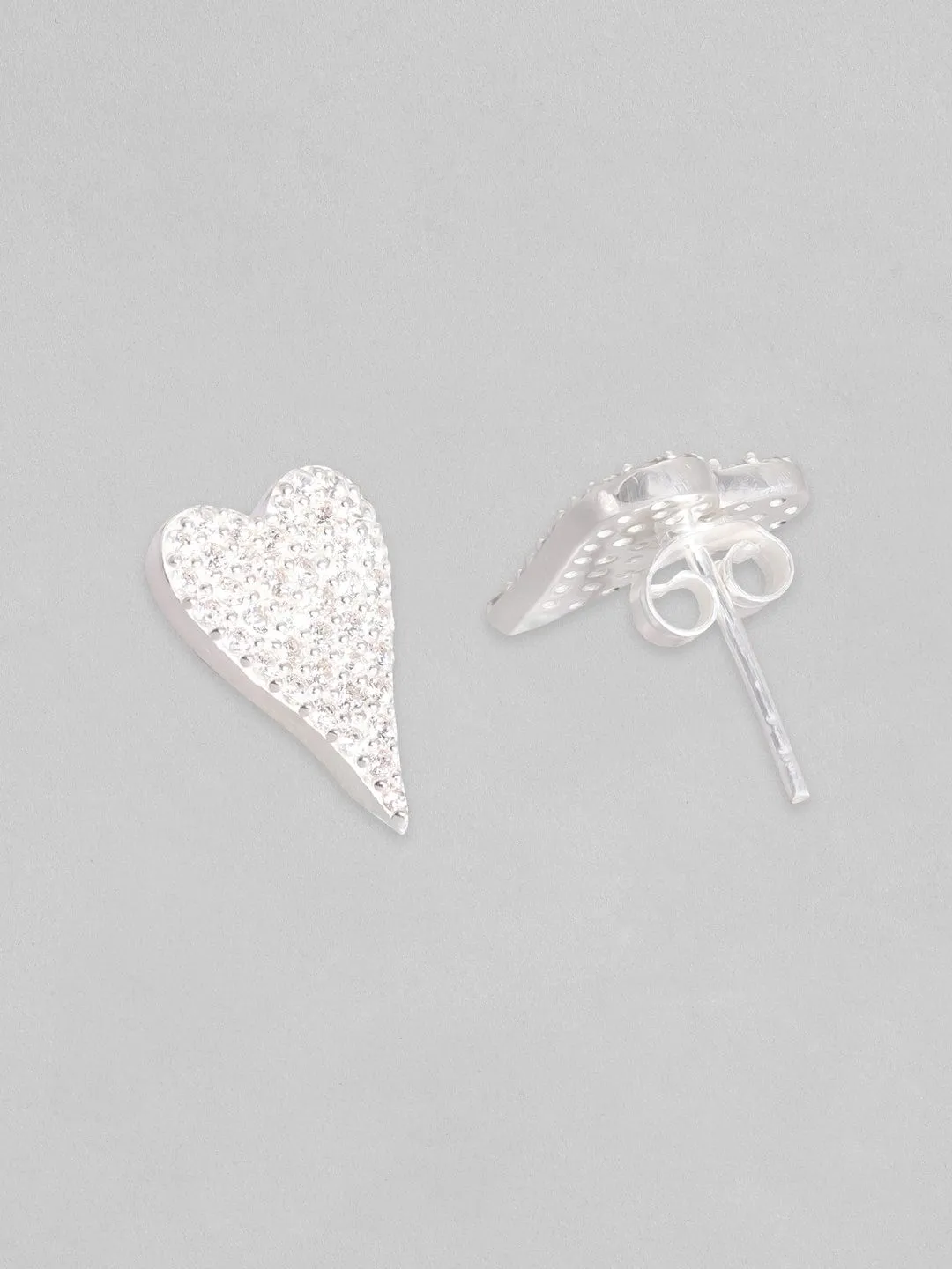 Rubans 925 Silver, Rhodium Plated Pave Zircons Studded Heart Motif Stud Earrings.