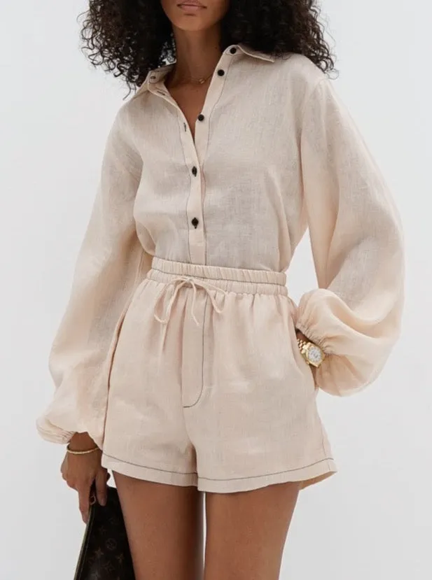 Rue Contrast Stitch Linen Shirt | Blush