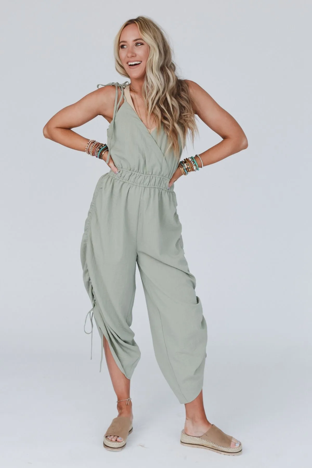 Side By Side Ruched Jumpsuit - Sage